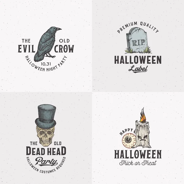 Vintage Style Halloween logo 's of etiketten Template Set. Handgetekende Raaf, Scull, Kaars, Oog en Graf Stenen Schets Symbolen Collectie. Retro Typografie. Shabby texturen achtergrond. — Stockvector