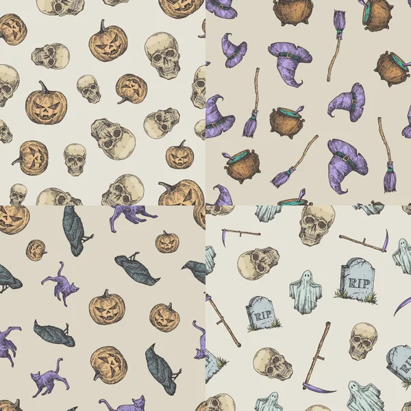 Conjunto de cuatro patrones de fondo sin costura vectorial. Sculls, calabazas, gatos, sombrero de bruja y caldero dibujados a mano, etc. Tarjeta de felicitación de celebración de Halloween Sketches, paquete de plantillas de envoltura o portada — Vector de stock