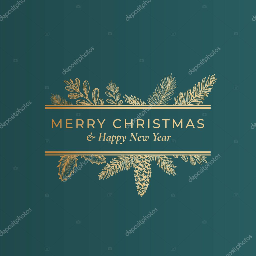 Christmas Abstract Botanical Label with Rectangle Frame Banner and Modern Typography. Classy Green and Golden Colors Greeting Layout. Holiday Social Media Post Template. Isolated.