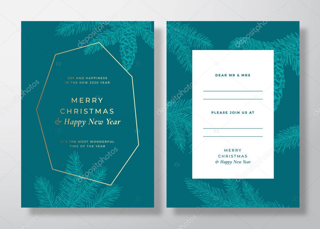 Christmas and New Year Abstract Vector Greeting Card, Poster or Background. Back and Front Invitation Design Layout with Classy Typography. Sketch Pine Twigs with Strobile. Pastel Blue Invitation