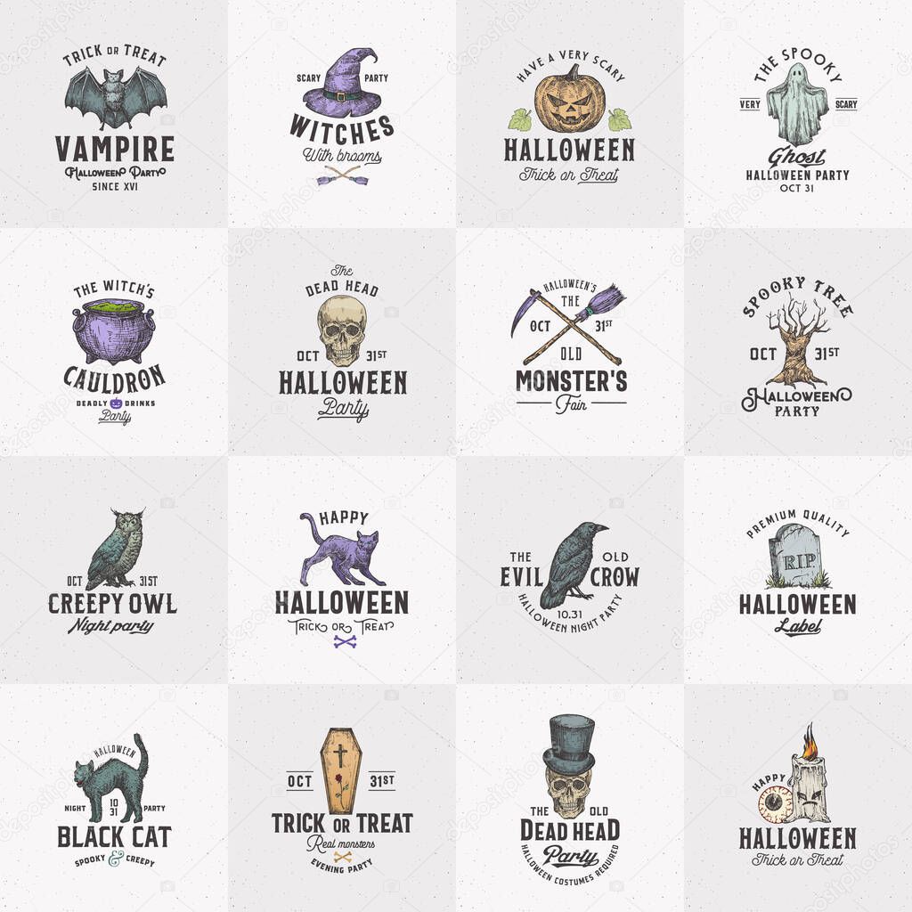 Vintage Style Halloween Logos or Labels Template Big Set. Hand Drawn Raven, Scull, Cat, Bat, Witch Hat and Tombstone Sketch Symbols Collection. Retro Typography. Shabby Textures Background. Isolated.