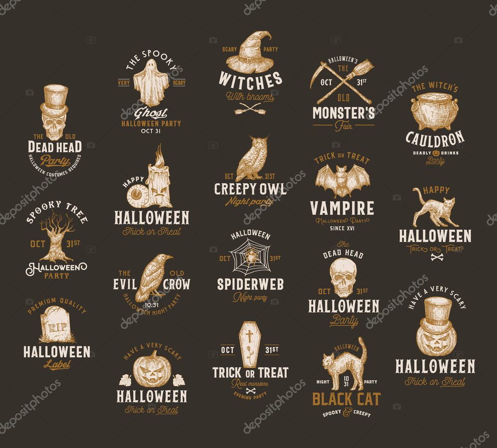 Vintage Style Halloween Logos or Labels Template Big Set. Hand Drawn Vampire Bat, Scull, Tomb, Cat, Hat, Owl, Pumpkin, Cauldron and Ghost Sketch Symbols Collection. Retro Typography. Dark Background.
