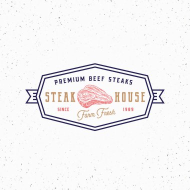 Çiftlik Biftek Evi Klasik Tipografi Etiketi, Amblem ya da Logo Şablonu. Premium Kalite Kırsal Et İşareti. El Çizimi Biftek Taslak Rozeti. Kalitesiz Dokular.