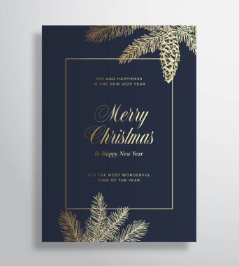 Mutlu Noeller Soyut Vektör Çerçeve Kutlama Kartı, Poster veya Tatil Davetiyesi. Altın Gradyan Arkaplan Çizimleri ve Tipografi. Strobile çizimi ile Yumuşak Gölgeler ve firavun iğneleri.