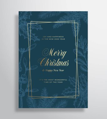 Mutlu Noeller Soyut Vektör Kutlama Kartı ya da Tatil Posteri. Klas Mavi ve Altın Renkler ve Tipografi. Yumuşak Gölgeler ve Çam Tarlaları, Strobile, Holly ve Ökseotu Geçmişi.
