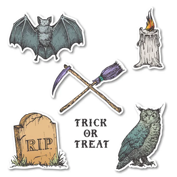 Vintage Style Halloween Stickers Set. Met de hand getrokken Uil, Bat, Kaars, Grafsteen en Kruis Broom en Scythe Schets Symbolen Collectie. Zachte schaduwen. — Stockvector