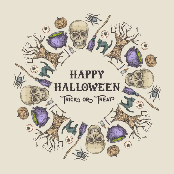 Halloween Sketch Wreath, Banner of Card Template. Reclame Holiday Vector Illustratie met Retro Typografie en Heldere Kleuren. Handgetekende Pompoen, Kat, Boom, Scull, Scythe en Kaars. — Stockvector