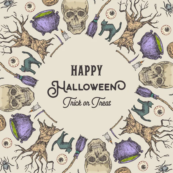 Halloween Sketch Wreath Card of Banner Template. Reclame Holiday Vector Illustratie met Retro Typografie en Heldere Kleuren. Handgetekende pompoen, kat, ketel, boom, zeis en schedel. — Stockvector