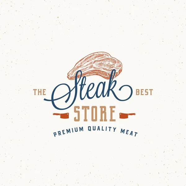 Steak Store Vintage Typography Label, Emblem 또는 Logo Template. 프리미엄 품질 러시 아츠 고기 서명. 핸드는 Steak Sketch 와 Butchery 그리고 Barbecue Icons 를 드로잉 한다. 샤 비텍스처. — 스톡 벡터