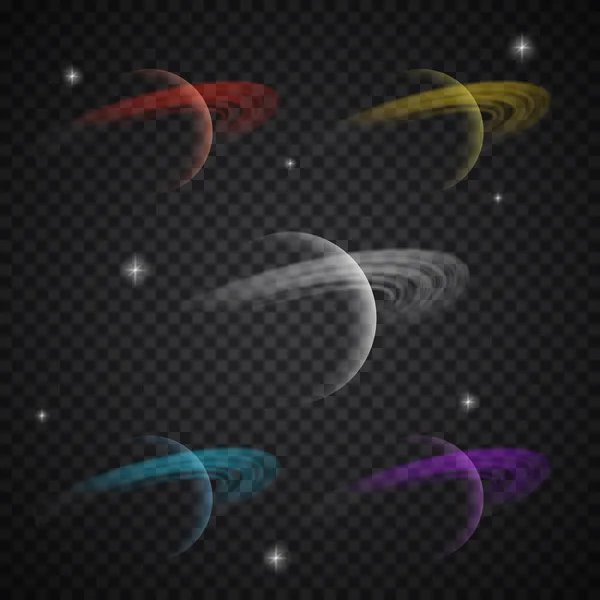 Saturno pianeta astratto segno vettoriale, emblema o icona set di modelli. Sfera ombreggiata con cerchi di luci sullo sfondo dello spazio scuro. Forme trasparenti di astronomia stellare — Vettoriale Stock