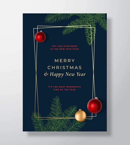 Feliz Natal Abstrato Vetor Cartão, Cartaz ou fundo de férias. Cores azuis e douradas e tipografia elegante. Bolas realistas das sombras macias e esboço Fir-agulhas com Strobile. — Vetor de Stock