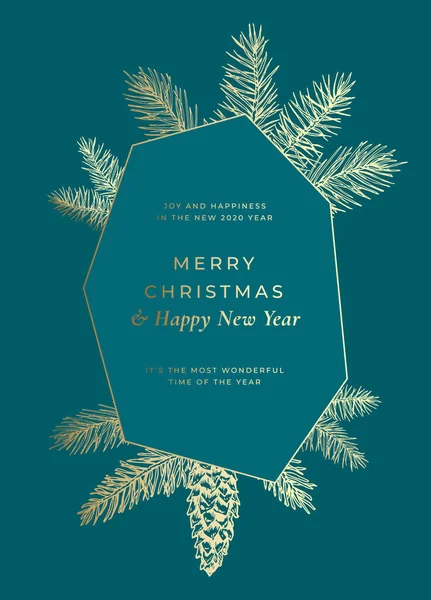 Frohe Weihnachten Abstrakte Vector Frame Grußkarte, Poster oder Feiertagshintergrund. Mit Strobile Tannennadeln skizzieren. Edle Farben mit Goldverlauf und Typografie. — Stockvektor