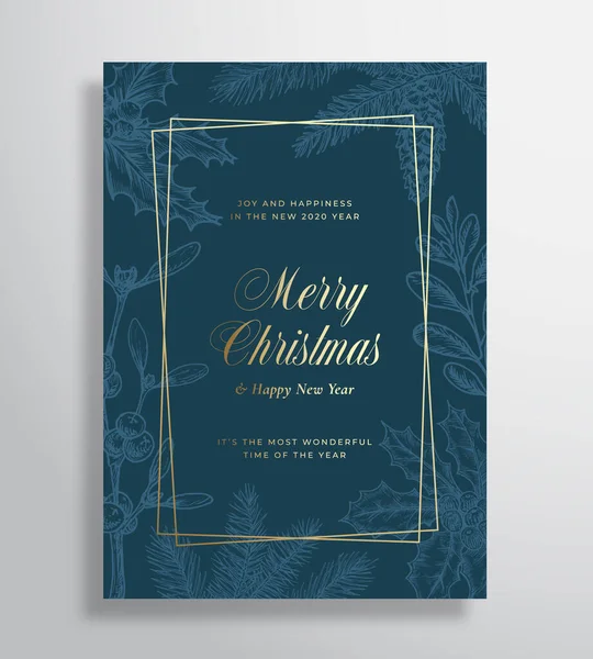 Feliz Natal Abstrato Vetor Cartão ou Cartaz de Férias. Clássico Azul e Ouro Cores e Tipografia. Sombras suaves e esboço de galhos de pinheiro, Strobile, Holly e fundo de visco. — Vetor de Stock