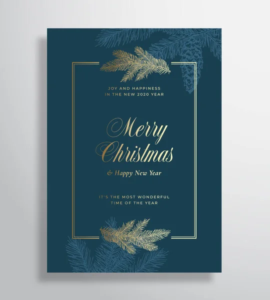 Feliz Navidad Resumen Vector Tarjeta de felicitación, Cartel o Fondo de vacaciones. Classy Blue and Gold Colors and Typography (en inglés). Sombras suaves y bosquejo Agujas de abeto de ramita de pino con estrobillo. — Vector de stock