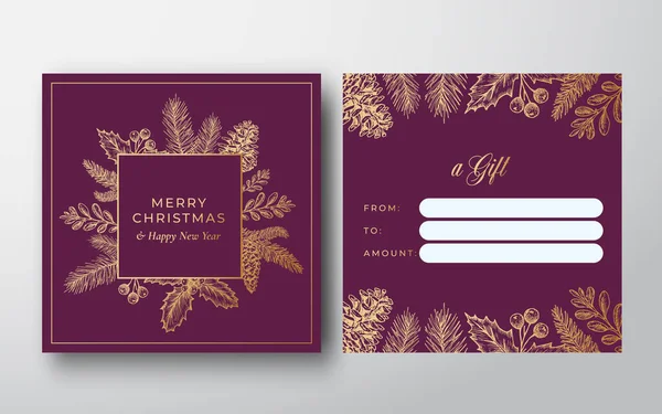 Joyeux Noël Résumé vectoriel de voeux fond de carte-cadeau. Conception arrière et avant mise en page avec typographie chic. Ombres douces et croquis Brindilles de pin avec strobile, houx et gui. — Image vectorielle