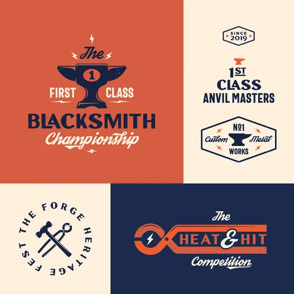 Blacksmith Championship Abstract Vector Vintage Signs, Emblems or Logo Templates Set. Cup or Goblet Looking Anvil Icon with Retro Typography and Tools Emblems Bundle. Texturas Shabby. — Vetor de Stock