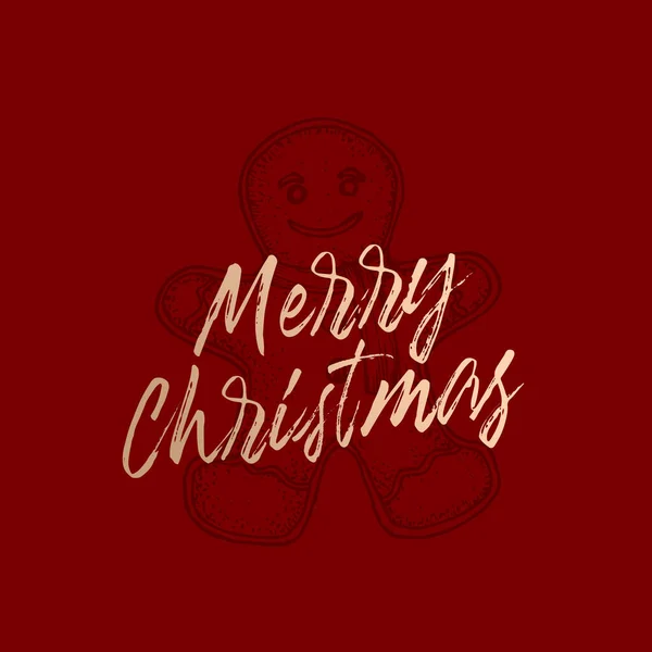 Merry Christmas Abstract Vector Retro Label, Sign or Card Template. Hand Drawn Gingerbread Cookie Sketch Illustration with Brush Like Retro Golden Typography. Premium Red Background — Stock Vector