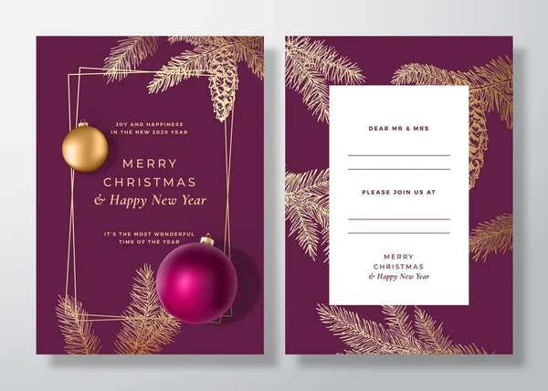 Natal e Ano Novo Abstract Vector Cartão, Cartaz ou fundo. Layout de design traseiro e frontal com tipografia elegante. Sketch Pine Branches, Strobile. Convite de bolas de brinquedo realista roxo — Vetor de Stock