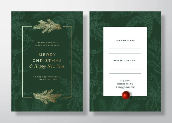 Noël et Nouvel An Carte de vœux vectorielle abstraite, affiche ou fond. Conception d'invitations au dos et au devant avec typographie. Croquis de brindilles de pin, gui. Gradient d'or sur invitation verte — Image vectorielle