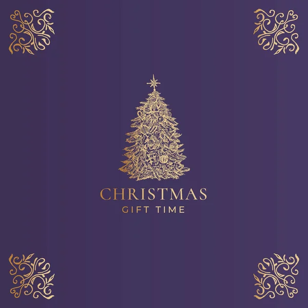 Natal Abstract Vector Classy Label, Logo or Card Template. Desenhado à mão Golden Decorated Pine Tree Sketch Illustration com tipografia e cantos torcidos. Fundo roxo — Vetor de Stock