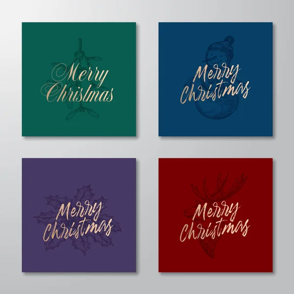 Christmas Abstract Rectangle Cards or Banners Collection. Fondos Premium con diseños de bocetos de saludo de oro conjunto. Holly, Mistletoe, Snowman y Deer Head Illustrations. Sombras suaves. — Vector de stock