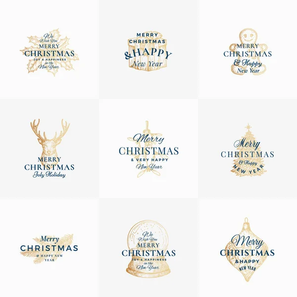Classy Christmas Logos or Labels Template Bundle. Hand Drawn Deer, Gingerbread Cookie, Pine, Gift boxes, Holly and Mistletoe Sketch Symbols Collection. Retro Typography Holiday Emblems. — Stock Vector