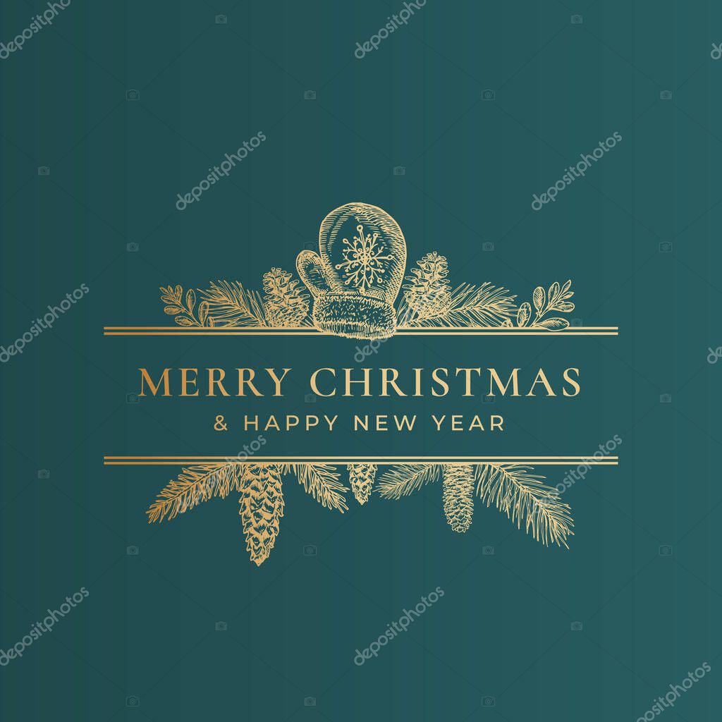 Christmas Frame Banner with Vintage Typography and Hand Drawn Holiday Illustrations. Merry Christmas Greeting Card or Label. Cookie, Candy Cane and Glove with Pine Twigs. Golden on Green Background.
