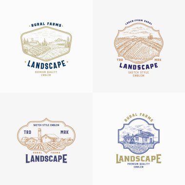 Soyut Vektör Kırsal Çiftlik İşaretleri, Rozetler veya Logo Şablonları Paketi. Retro Typography ile Çerçevedeki Rustik Peyzaj Çizimleri. Kırsal Binalar Vintage Amblemleri Ayarlandı.