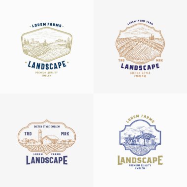 Soyut Vektör Kırsal Çiftlik İşaretleri, Rozetler veya Logo Şablonları Paketi. Retro Typography ile Çerçevedeki Rustik Peyzaj Çizimleri. Kırsal Binalar Vintage Amblemleri Ayarlandı.