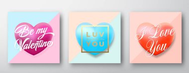 Romantik Typography Sevgililer Günü Vector Greetings with Purple and Blue Heart Silhouettes on a Light Blue and Mint background Set. Nazik Kartlar ya da Poster Paketi. Sosyal Medya Posta Şablonları