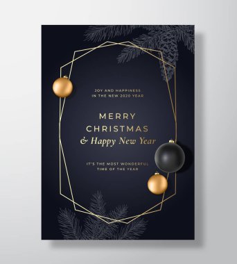 Noel Soyut Vektör Kutlama Kartı, Poster veya Tatil Arkaplanı. Klas Siyah ve Altın Renkler ve Tipografi. Yumuşak Gölgeler Gerçekçi Oyuncak Topları ve Strobile ile Çam İğnesi Dalları.