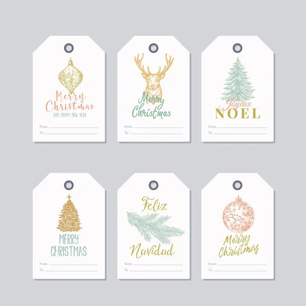 Christmas and New Year Ready-to-Use Pastel Colour Gift Tags or Labels Templates Set. Hand Drawn Deer, Toy Balls, Pine or Spruce Decorated Sketches with Retro Typography. — Stock Vector