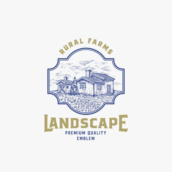 Abstract Vector Rural Farm Sign, Badge or Logo Template. Rustic Landscape Cabin Sketch in a Frame with Retro Typography. Countryside Buildings Vintage Emblem. — Stock Vector