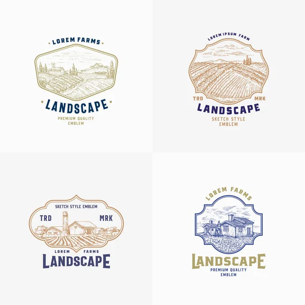 Abstract Vector Rural Farm Signs, Badges or Logo Templates Bundle. Bosquejos de paisaje rústico en marcos con tipografía retro. Conjunto de emblemas vintage de edificios de campo. — Vector de stock