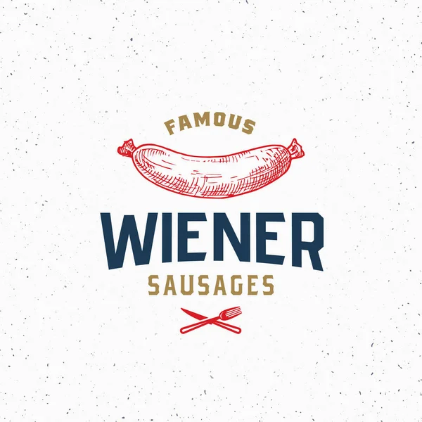 Wiener salsicha Hot Dog Vintage tipografia Label, Emblema ou modelo de logotipo. Sinal de esboço de salsicha desenhado à mão. Carpintaria e Ícone de churrasco com fundo texturizado. — Vetor de Stock