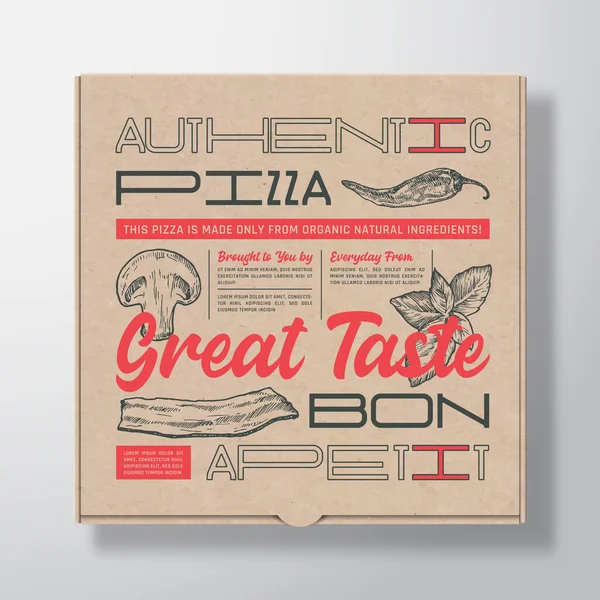 Pizza Gerçekçi Karton Kutu Kutusu. Soyut Vektör Paket Tasarımı veya Etiketi. Modern Typography, Hand Drawn Inicents Mantar, Basil, Bacon ve Chilly. Kağıtların Arkaplan Düzenlemesi. — Stok Vektör