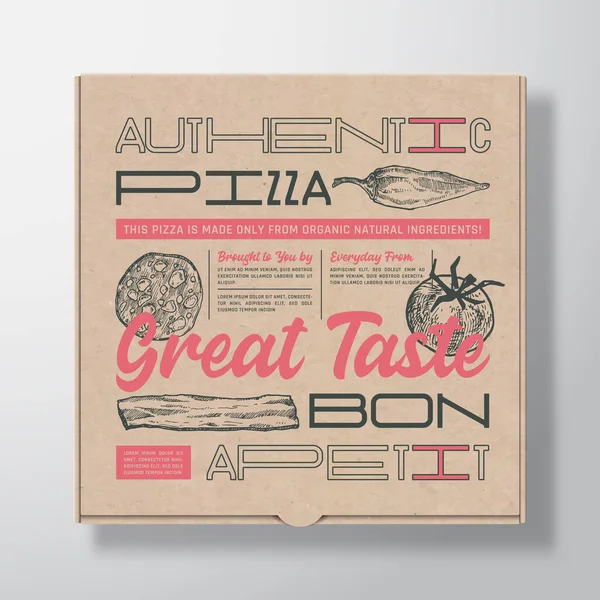 Pizza Realistisk kartong behållare. Abstrakt vektorförpackningsdesign eller etikett. Modern typografi, handritade ingredienser korv, Bacon och Jalapeno. Hantverkspapper bakgrund layout. — Stock vektor