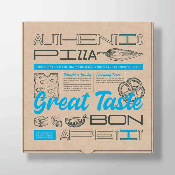 Pizza Realistisk kartong behållare. Abstrakt vektorförpackningsdesign eller etikett. Modern typografi, handritade ingredienser ost, tomat och jalapeno. Hantverkspapper bakgrund layout. — Stock vektor