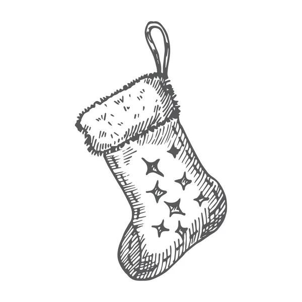 Chaussette de Noël dessinée à la main pour cadeaux et cadeaux Illustration vectorielle. Résumé Croquis rustique. Vacances d'hiver Gravure Style dessin. — Image vectorielle