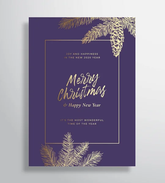 Christmas Abstract Vector Frame Greeting Card, Plakát nebo Holiday Invitation. Zlatý gradient pozadí náčrtky a typografie. Měkké stíny a jedlové jehly se Strobilní kresbou. — Stockový vektor