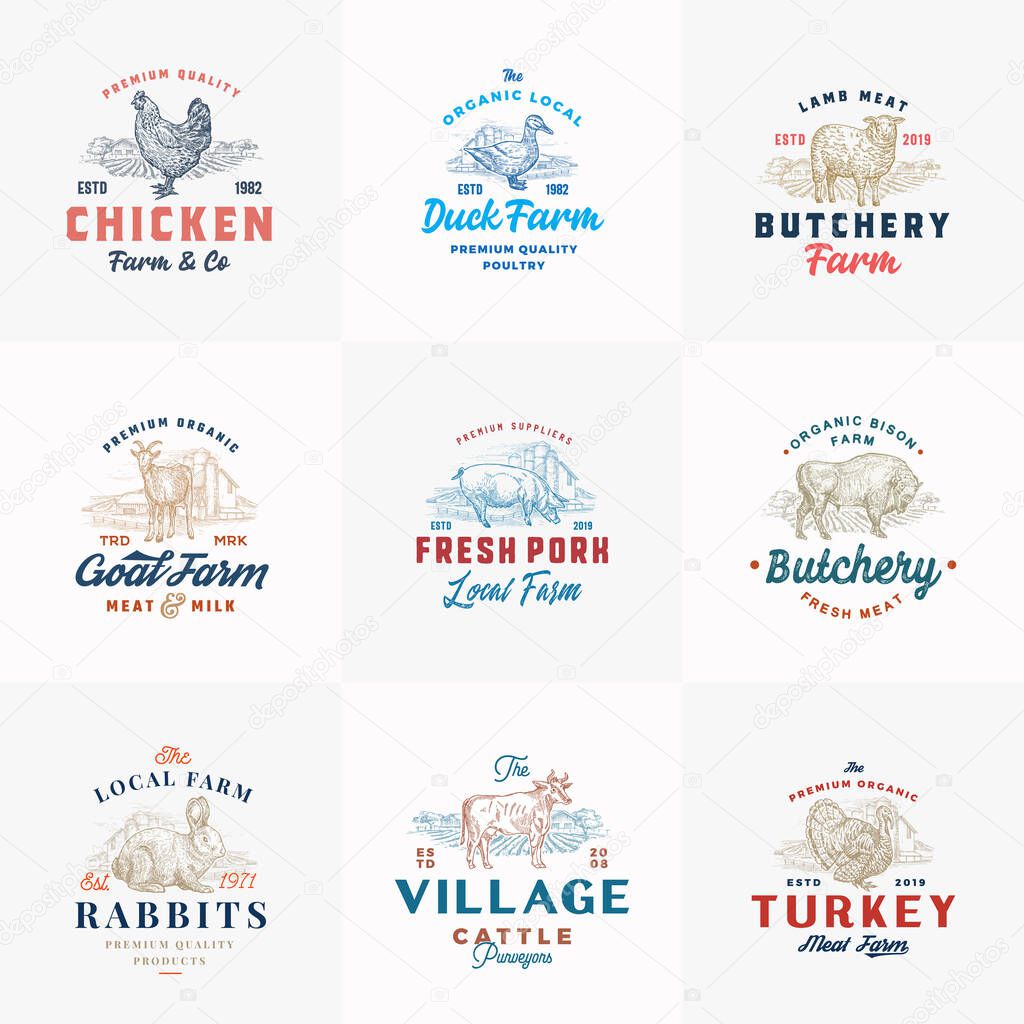 Premium Cattle and Poultry Farm Retro Badges or Logo Templates Set. Hand Drawn Domestic Animals and Farm Landscapes Sketches with Retro Typography. Vintage Emblems Bundle. Isolated.