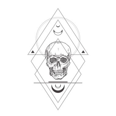 Soyut Okült Sembolü, Vintage Style Logosu veya Dövme Şablonu. El Çizimi Kafatası Skeç Sembolü ve Geometrik Mistik Sihirli Süsler ve İşaretler.