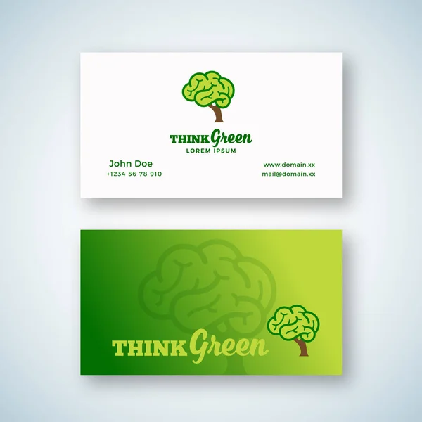 Think Green Abstract Vector Sign nebo logo a šablona vizitky. Tvar mozku Strom koncepce s typografií. Premium stacionární realistické Fock Up. — Stockový vektor