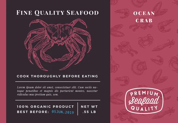 프리미엄 품질 Seafood Abstract Vector Crab Packaging Design or Label. Modern Typography and Hand Drawn Sketch Seamless Pattern Background Layout of Prawns, Scallops, Squids and Crabs — 스톡 벡터