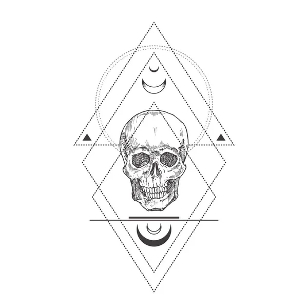 Símbolo oculto abstrato, logotipo de estilo vintage ou modelo de tatuagem. Mão desenhado Scull cabeça esboço símbolo e geométrica mística magia ornamentos e sinais. — Vetor de Stock