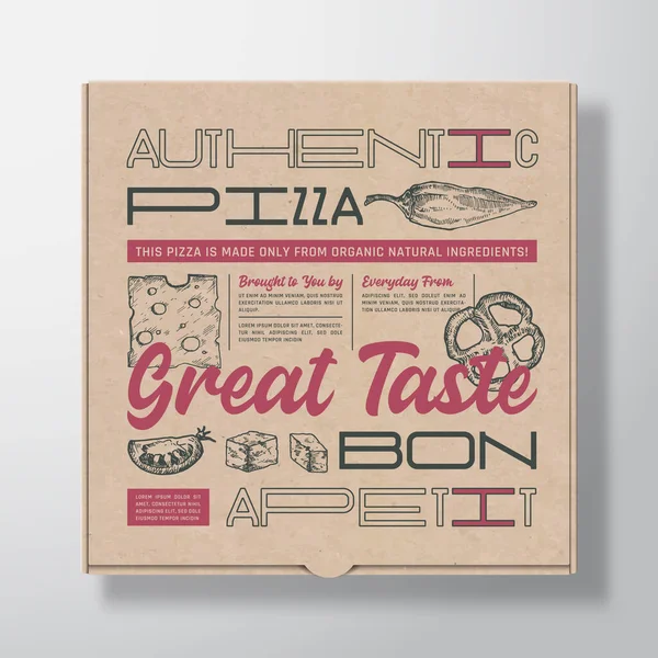 Contenedor de caja de cartón realista de pizza. Diseño abstracto de empaquetado vectorial o etiqueta. Tipografía moderna, Ingredientes Dibujados a Mano Queso, Tomate y Jalapeño. Diseño de fondo de papel artesanal. — Vector de stock