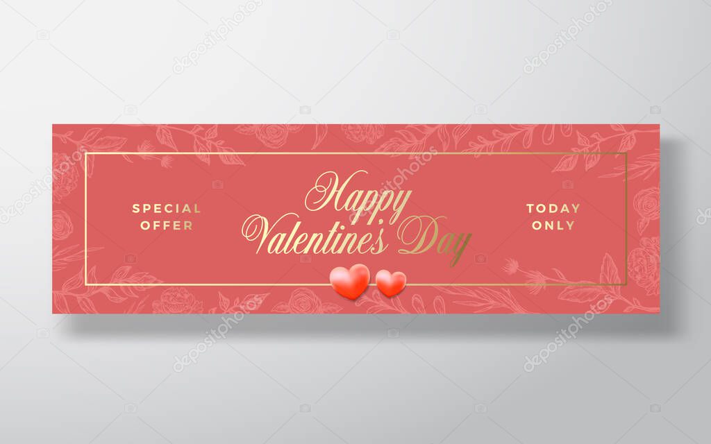 Valentines Day Special Offer Sale Abstract Vector Greeting or Holiday Card. Banner Size. Gold Gradient and Realistic Soft Shadows Decor Hearts. Hand Drawn Flowers Sketches Background.