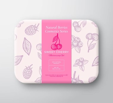 Kirazlı Banyo Kozmetik Paketi. Etiket Kapaklı Soyut Vektör Paketli Kağıt Kutusu. Paketleme Tasarımı. Modern Tipografi ve El Çizimi Böğürtlenler Arkaplan Deseni Düzeni.