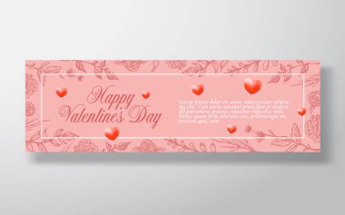 Sevgililer Günü Soyut Vektör Selamlaması ya da Tatil Kartı. Gerçek Bayrak Boyutu. Klas Pembe ve Gerçekçi Yumuşak Gölgeler Dekor Kalpleri. El Çekimi Çiçekleri Dal ve Yapraklar Çizim Arkaplanı.