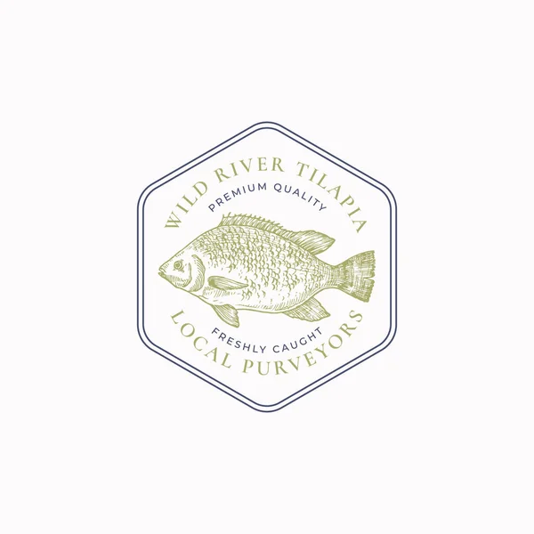 Emblema de moldura vintage de peixe ou modelo de logotipo. Emblema de esboço de tilápia selvagem desenhado à mão com tipografia retro. —  Vetores de Stock
